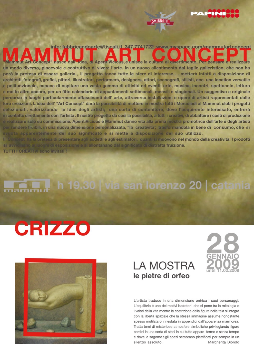 Poster for the exhibition The Stones of Orpheus, Mammut Art Concept, Catania, 28 January 2009