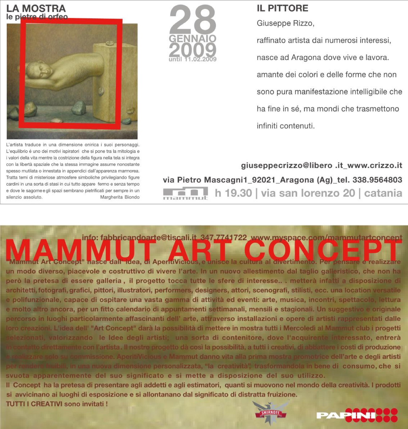Back of the poster, with biographical text and the artist's contact details